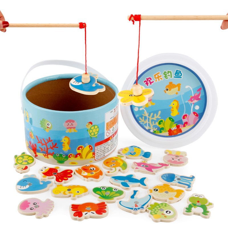 Picture of Children's educational fishing toy marine magnetic fishing bucket double-sided wooden one-year-old baby toy intelligence car
