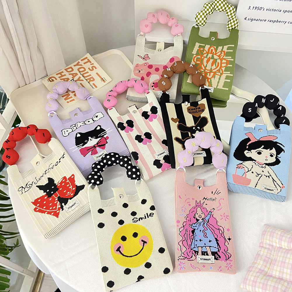 Cartoon Knitted Mobile Phone Bag Korean Style All-match Crossbody Bag Small Portable Student Coin Purse Single Shoulder Hand Bag