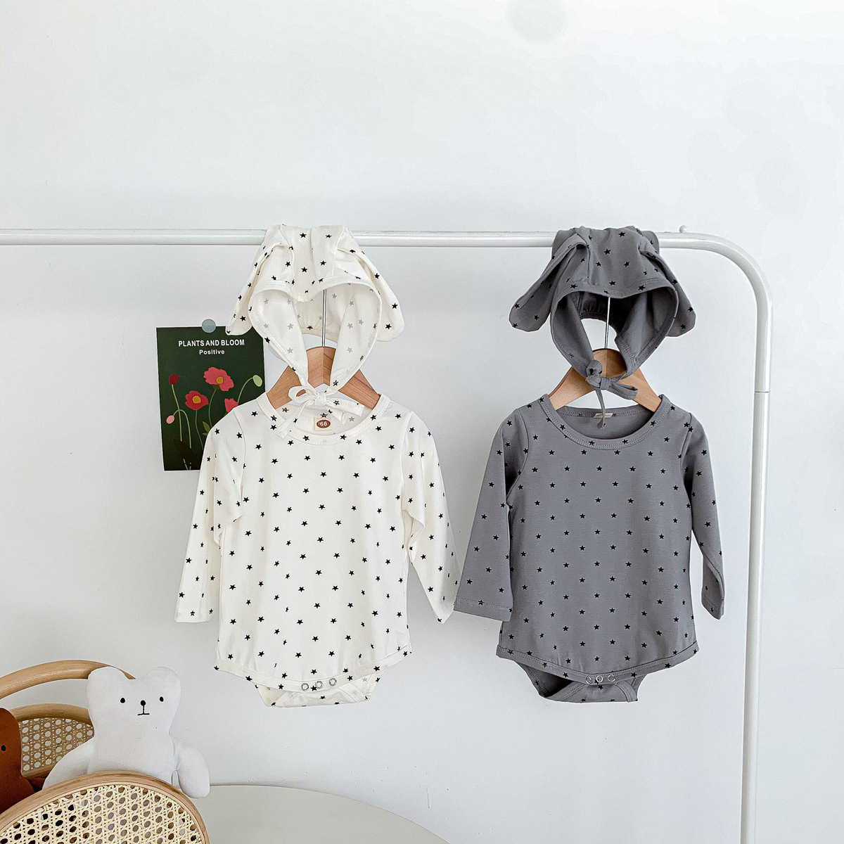Picture of 2025 Spring and Autumn Korean Style Baby Jumpsuit Western Style Long Sleeve Polka Dot Male and Female Baby Coverall Outing Clothes with Hood