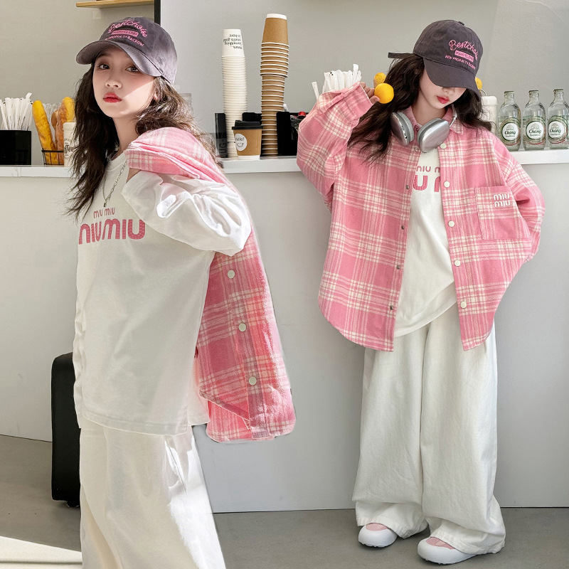 Girls' Spring Shirts, Fashionable 2025 Spring New Preppy Style Korean Style Children's Clothing, Long-Sleeved Loose Tops for Older Girls