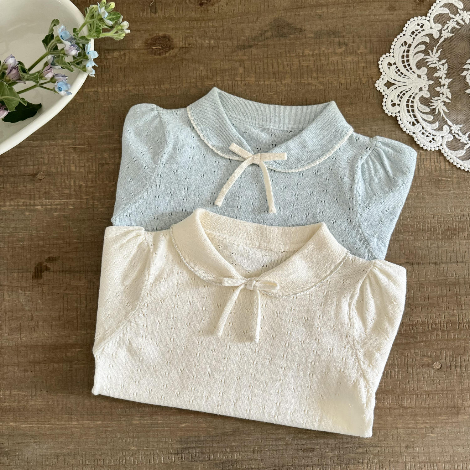 Picture of Japanese Children's Wear Girls Short-sleeved Sweater with Laps Cute Bow Short-sleeved T-shirt Ins Women's Short-sleeved Top