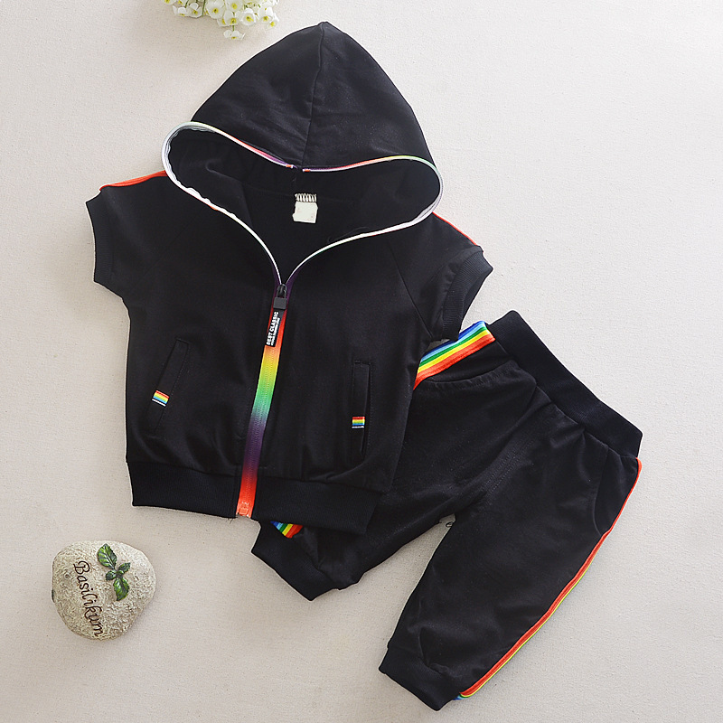 Picture of Korean-style New Boys and Girls Sports Suit Summer Short-sleeved Baby Hooded Zipper Shirt Black and White Two-piece Fashionable Suit
