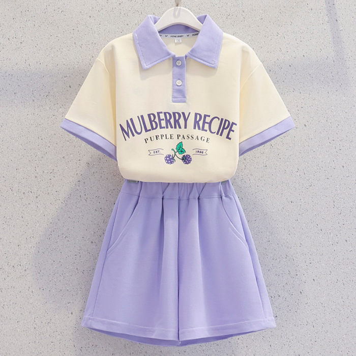 Picture of 230g Pique Double Yarn Girls Summer Short-Sleeved Suit 2025 New Casual Medium and Large Children Dopamine Two-Piece Set