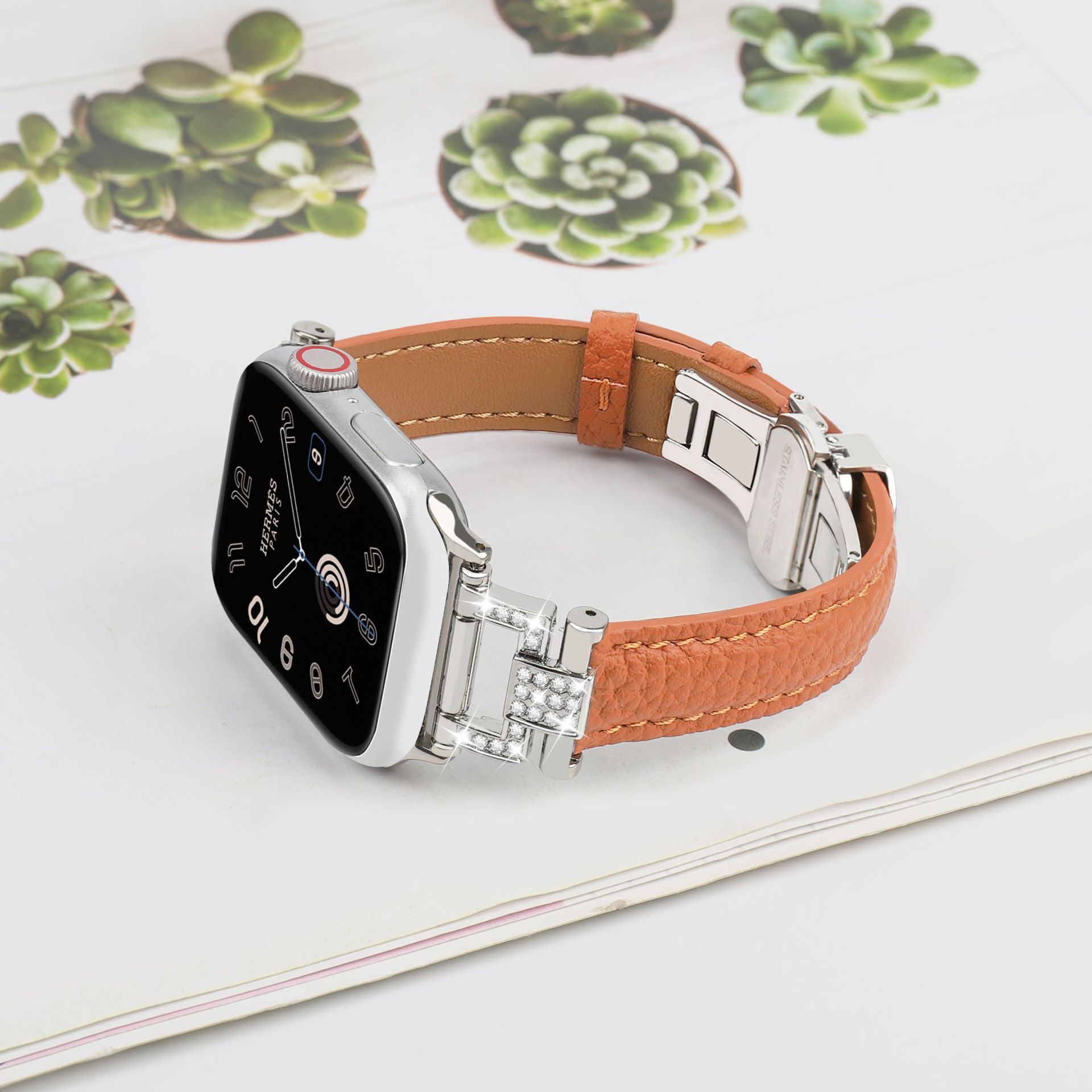 Picture of Suitable for Apple Watch strap Y head appleiwatch98 small waist lychee pattern leather butterfly buckle strap