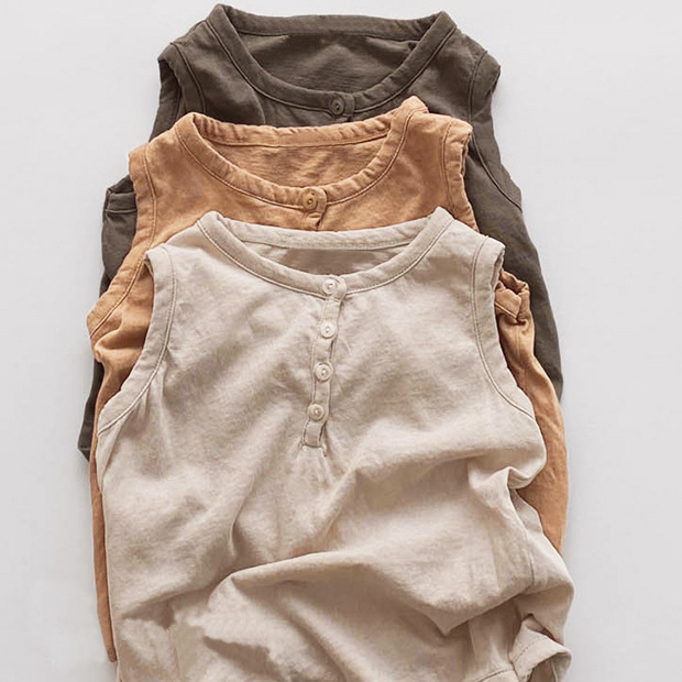 Picture of 2023 Summer Korean Children's Wear New Boys and Girls Korean Cotton Button Sleeveless Vest Solid Color Round Neck T-Shirt 5
