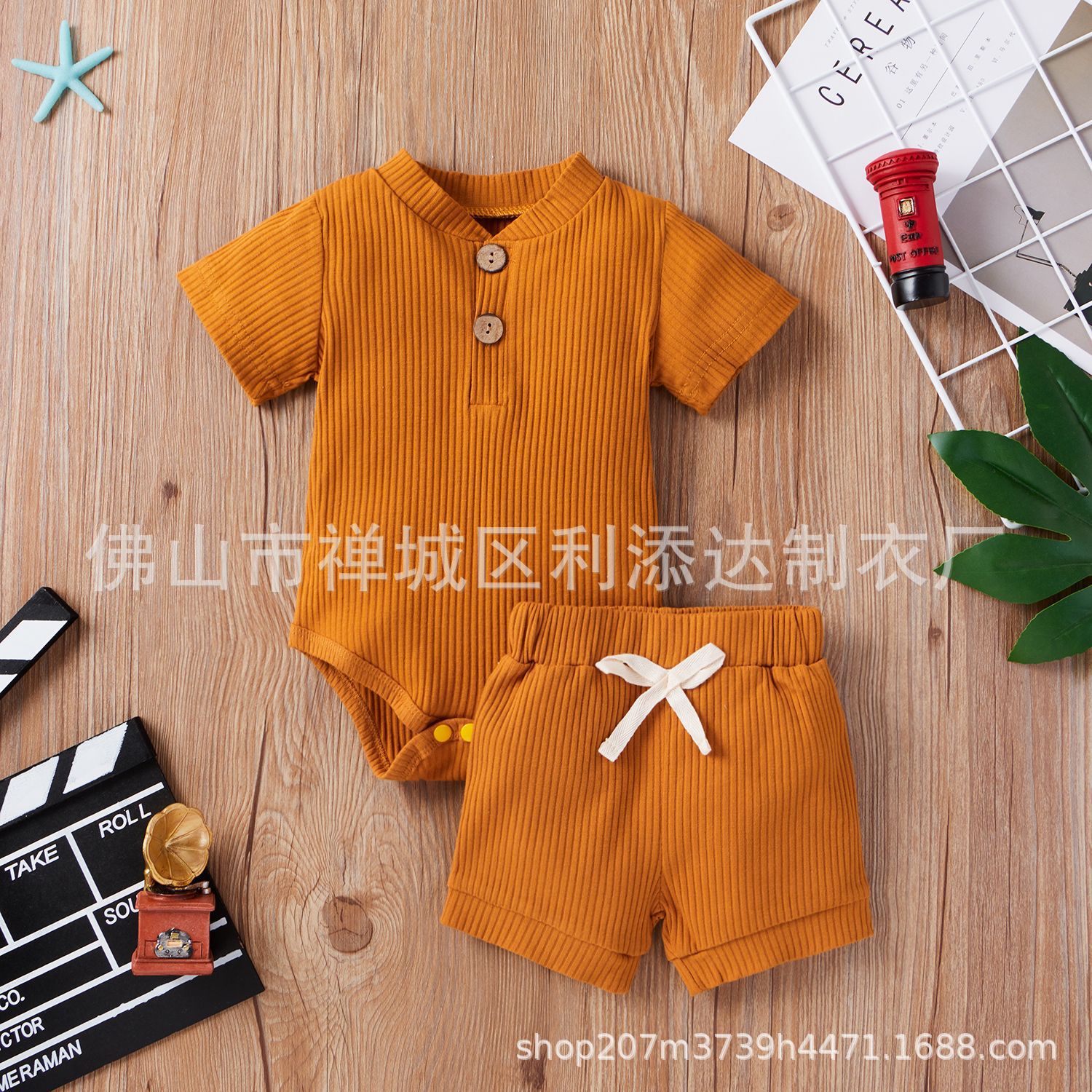 Picture of 2021 Amazon spring explosions toddler [short sleeve twist button stripes solid color pullover two-piece]]
