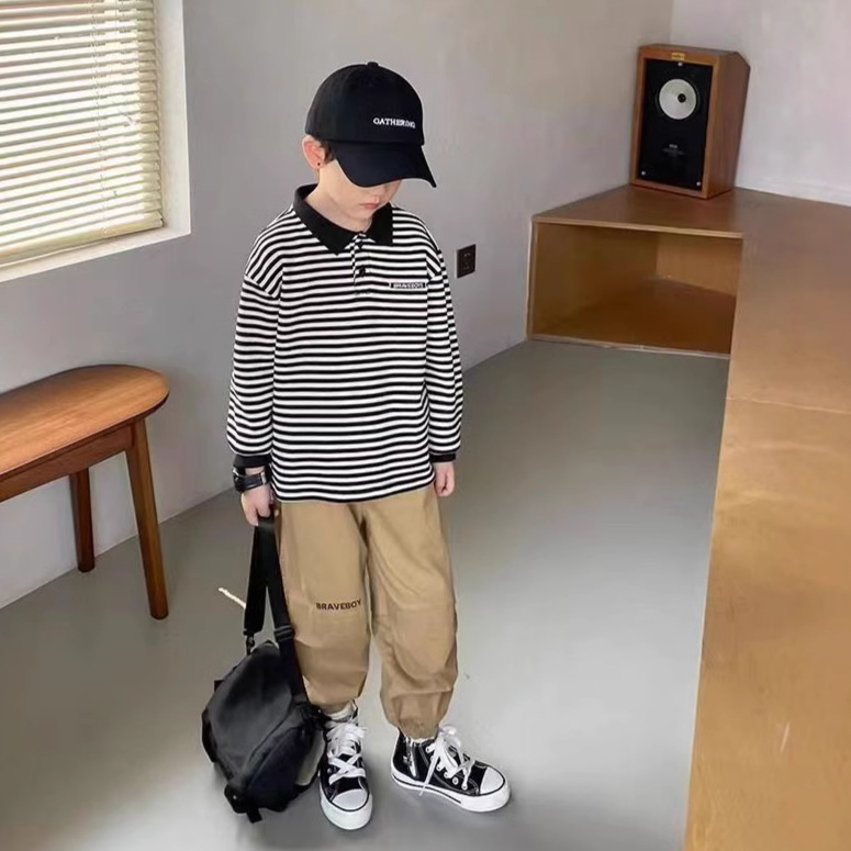 Picture of Spring and Autumn New Children's Long-sleeved POLO Shirt Black and White Striped Korean Top for Boys and Girls
