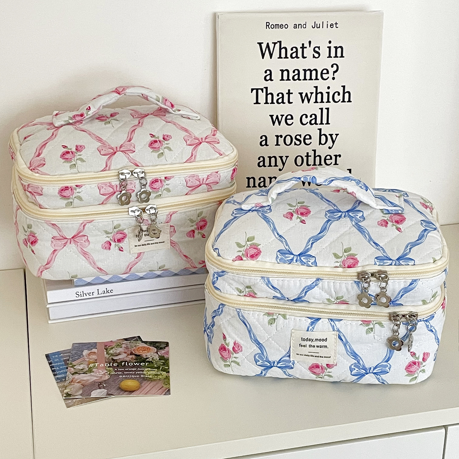 Bow Flower Double-layer Cosmetic Bag High-value Instagram Style Portable Cosmetic Storage Bag Large Capacity Toiletry Bag