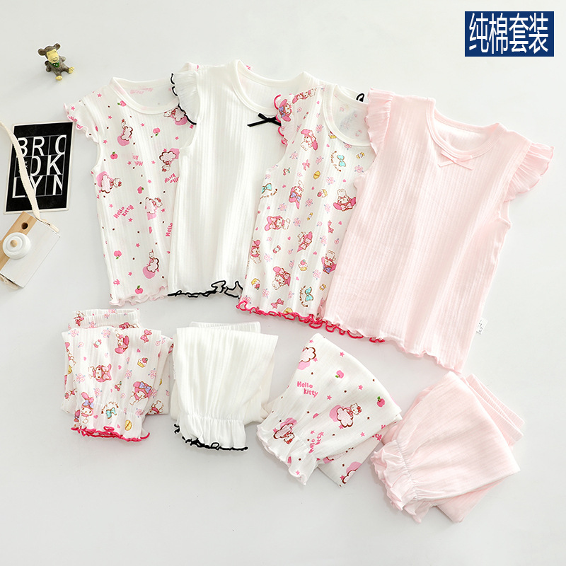 Picture of Children's short sleeve cropped pants set pure color female baby air conditioning home clothing 100 cotton thin bottoming shirt wholesale