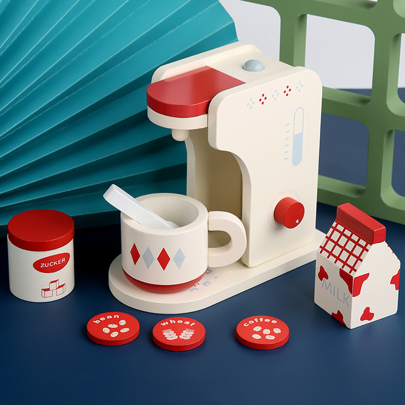 Picture of Wooden Simulation Tea Set Coffee Machine Bread Machine Set Kindergarten Kitchen Role-playing Playhouse Educational Toys