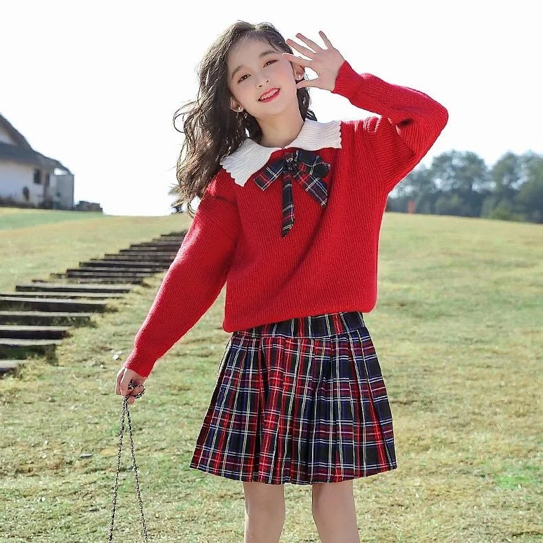 Picture of Girls' autumn clothes suit winter new children's knitted two-piece college style sweater short skirt western style girls' skirt