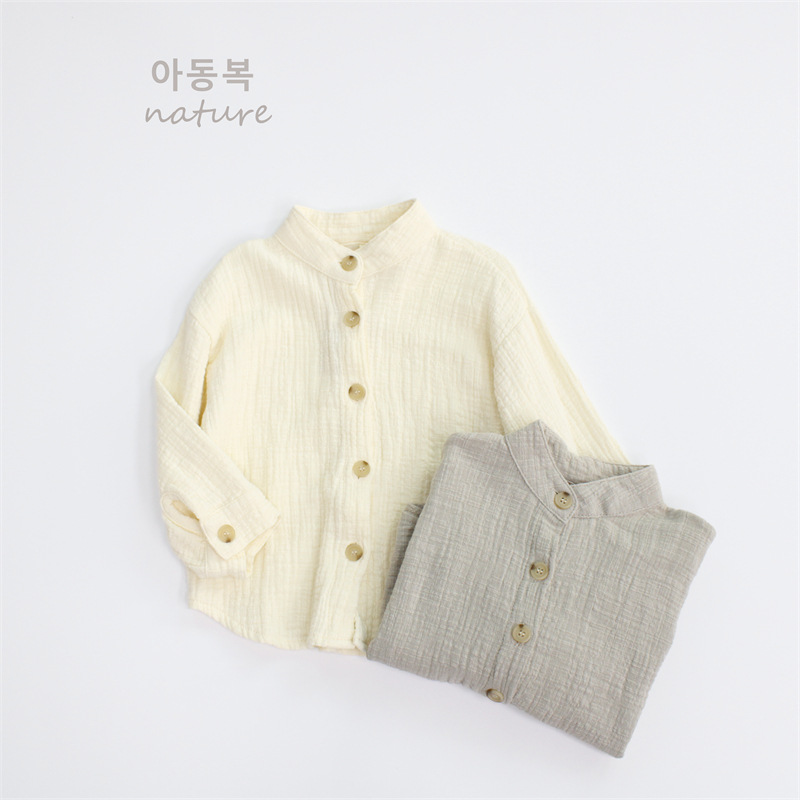 Picture of Spring Boys' Shirts Pure Color Kidsren's Tops Korean Style Cotton and Linen Stand-Up Collar Baby Girls' Shirts Outer Wear Category a Dropshipping
