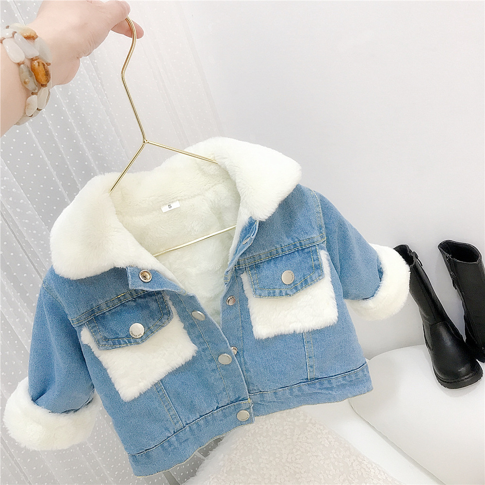 Korean Kidsren's Imitation Rabbit Fur Denim Jacket 2025 Winter Girls Short Denim Top Boys Fleece Jacket