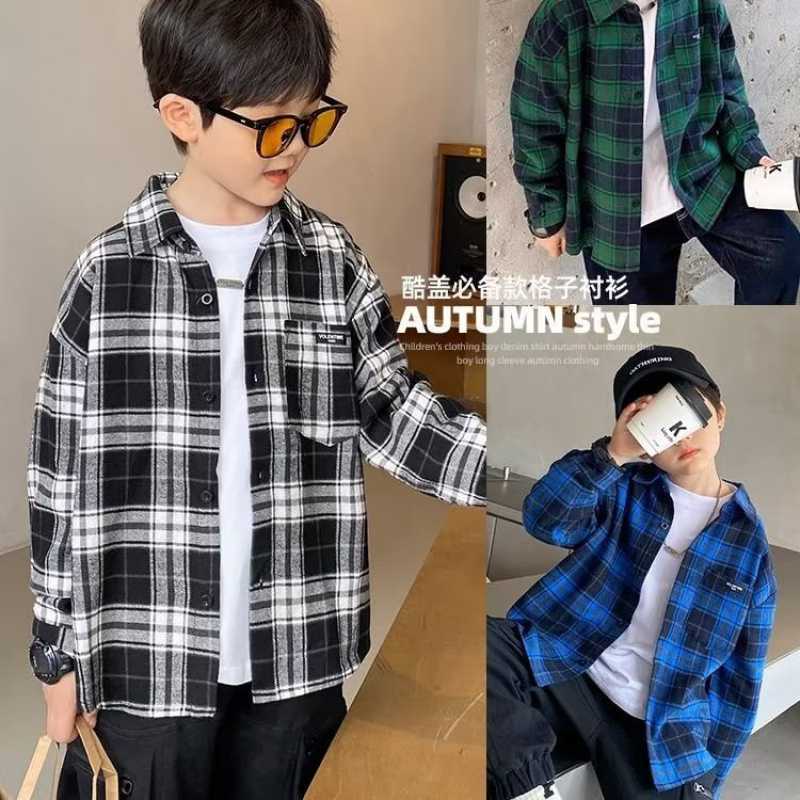 Boys' Brushed Plaid Long-Sleeved Shirt Autumn 2022 New Children's Clothing for Older Children Spring & Fall Handsome Street Shirt