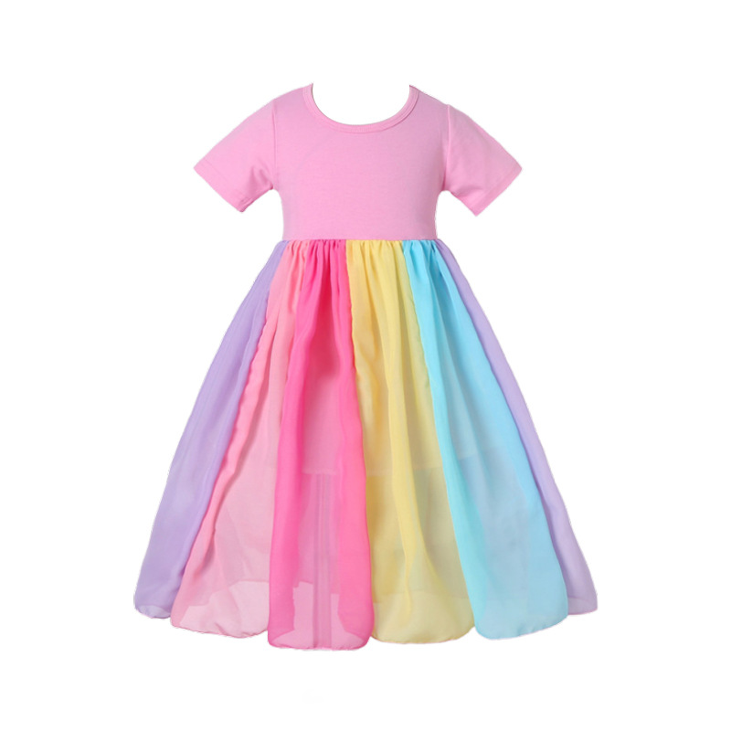 Picture of Foreign trade summer new girls skirt short sleeve rainbow stitching mesh dress girls rainbow princess dress wholesale