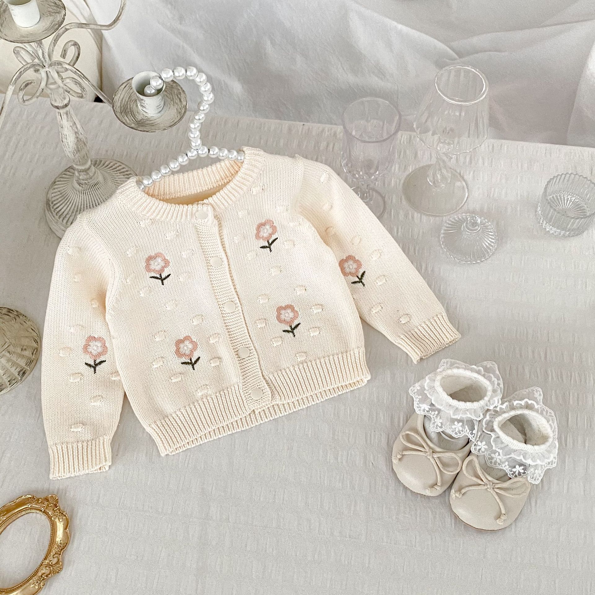 Picture of 2024 Autumn Girls Knitted Cardigan Cotton Flower Embroidered Crewneck Long Sleeve Top Sweet Baby Girl Coat