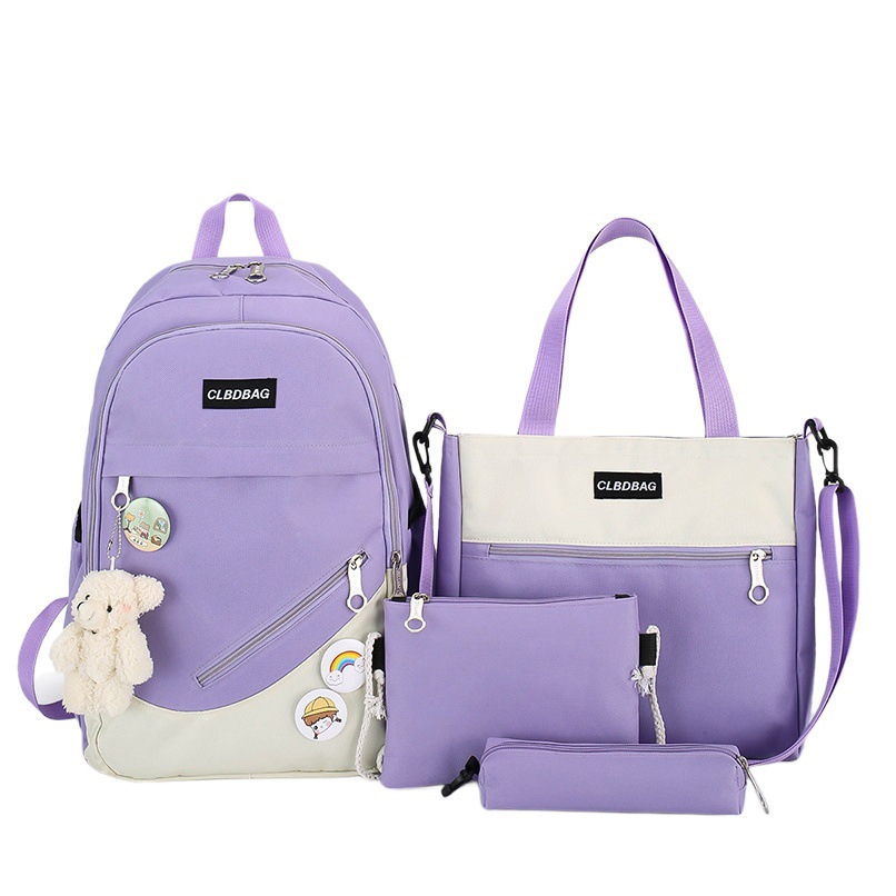Schoolbag Female College Student Korean-style Cute Bear Pendant Backpack Senior high school Student Campus Canvas Four-piece Backpack