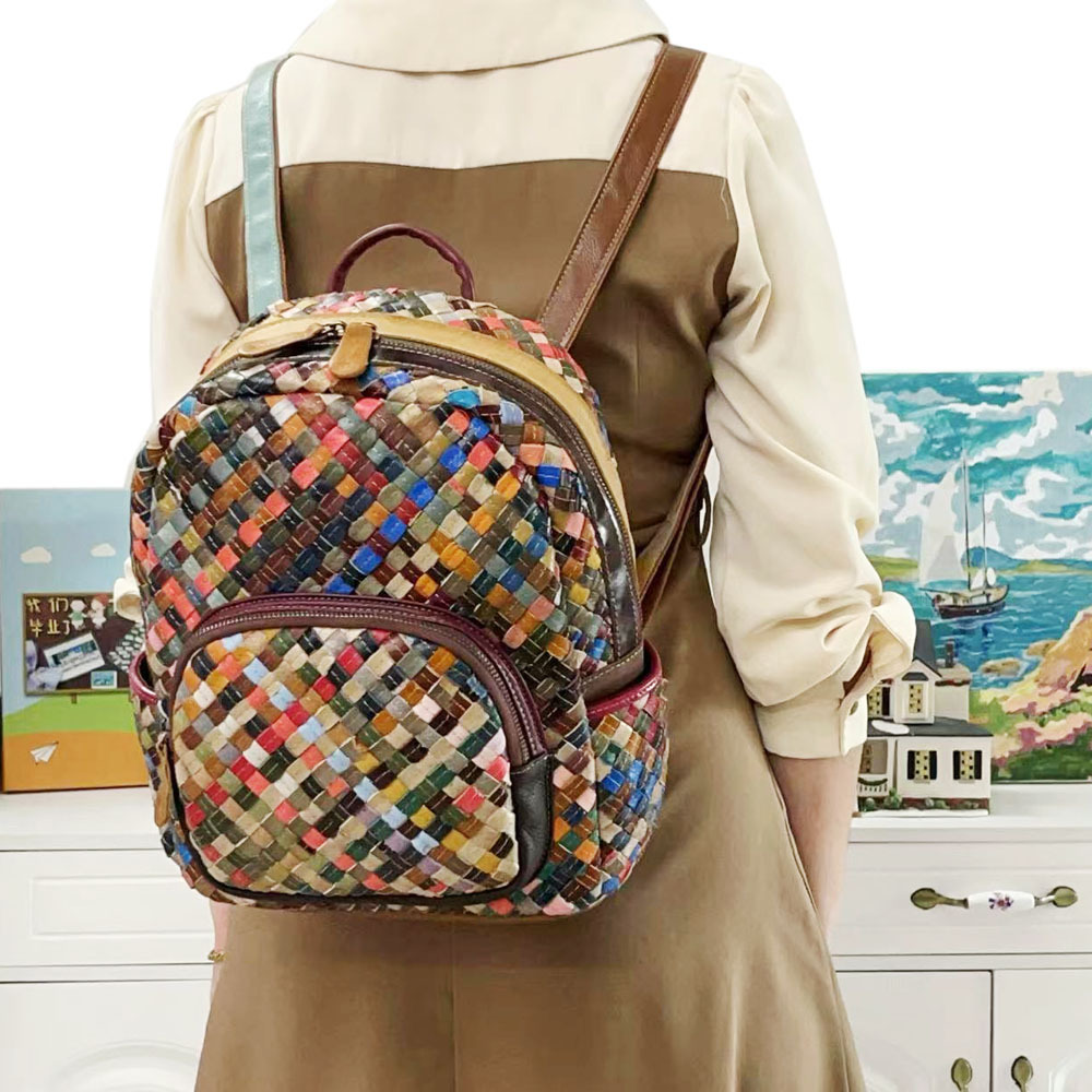 Picture of 2025 fashion women's bag leather backpack stitching color leather hand-woven shoulder bag women's bag a generation of hair
