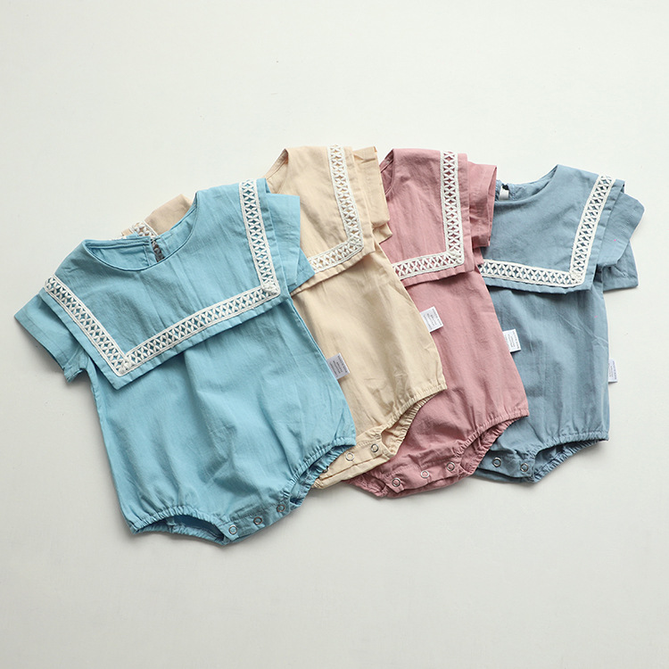 Picture of 2024 summer baby clothing large lapel cotton lace baby jumpsuit baby clothes triangle climbing suit hat