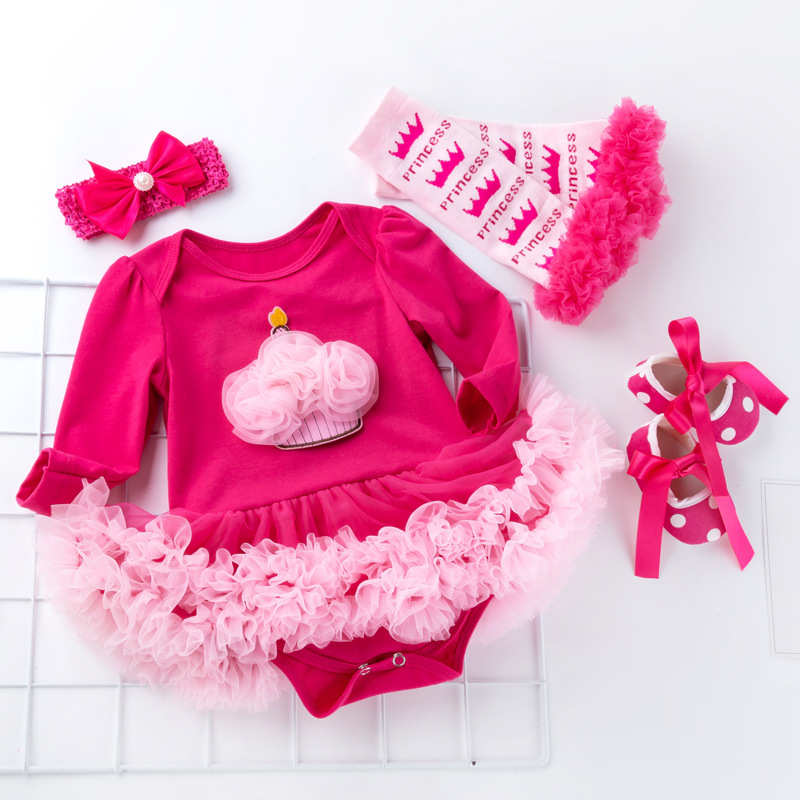 Picture of Cross-border foreign trade baby long-sleeved one-piece dress baby pink yarn dress socks suit girls' holiday children's dress 4-piece set