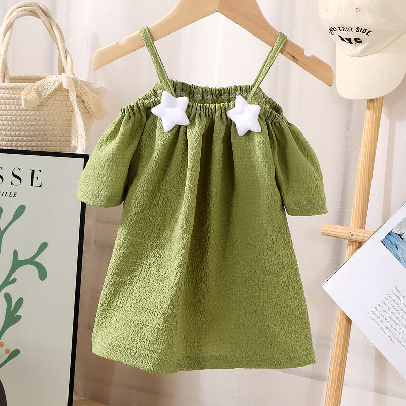 Picture of Girls' short-sleeved T-shirt 2024 new summer baby girls' off-shoulder strap fashionable western style top for infants and children
