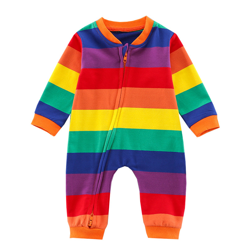 Picture of Infant Jumpsuit Spring & Fall Threaded Collar Long-Sleeved Stripesd Rainbow Zipper Shirt Outwear Baby Jumpsuit 0-1
