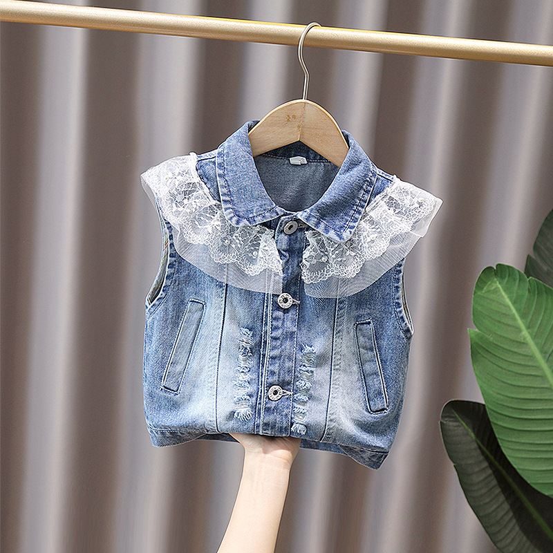 Girl's Denim Vest Autumn Clothes Girl's Fashionable Waistcoat All-match Western Style Baby Girl's Vest Outer Wear Soft Spring and Autumn Clothes