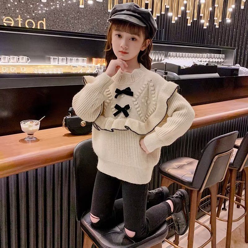Girl's Sweater New Winter Sweet Little Girl's Sweater Western Style Warm Children's Winter Bow Base Shirt