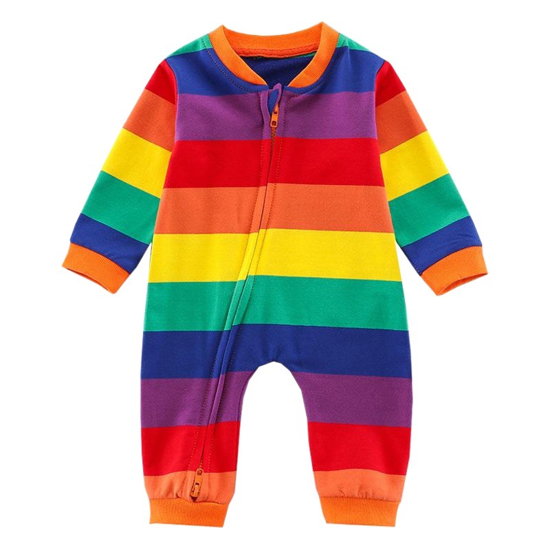 Infant Jumpsuit Spring & Fall Threaded Collar Long-Sleeved Stripesd Rainbow Zipper Shirt Outwear Baby Jumpsuit 0-1