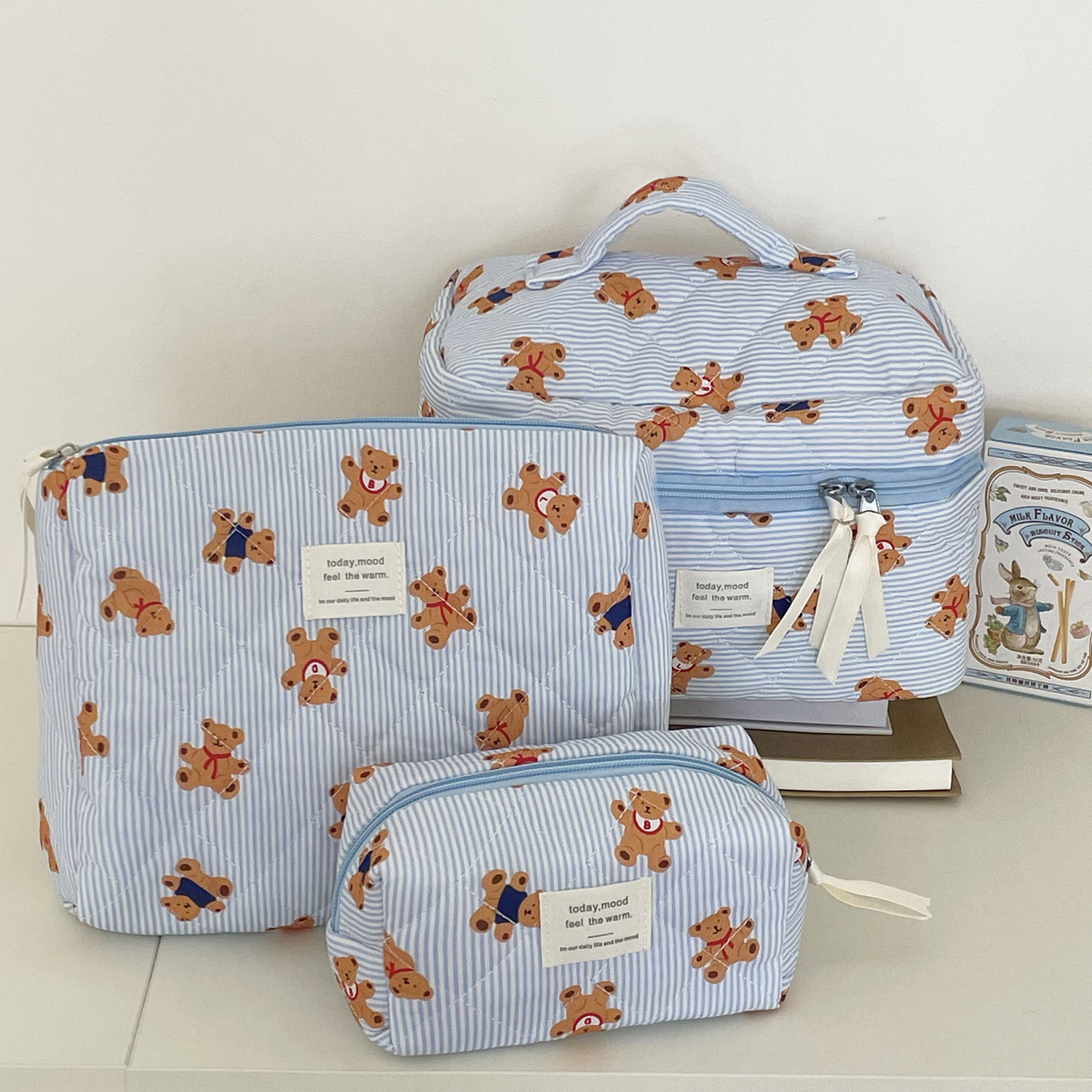 Cross-Border Blue Striped Bear Cosmetic Bag Cartoon Girl Heart Outing Portable Large Capacity Quilted Toiletry Storage Bag