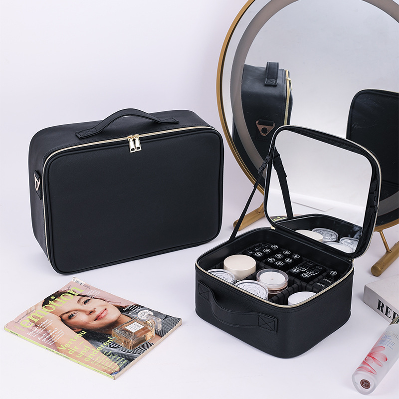 New cosmetic bag with mirror high capacity portable beauty cosmetics partition storage box black