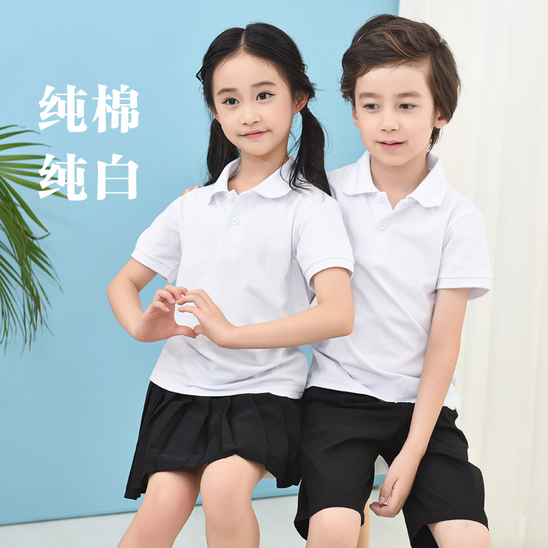 Picture of Children's White Polo Shirt Short-sleeved Cotton Boys Lapel White T-shirt Summer School Uniform Girls' Half-sleeved T-shirt