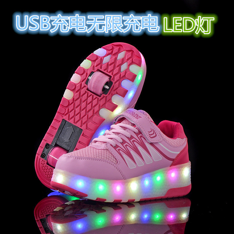Picture of Winter children's heloo shoes double wheel student switch LED light children's roller skates USB charging button control mode