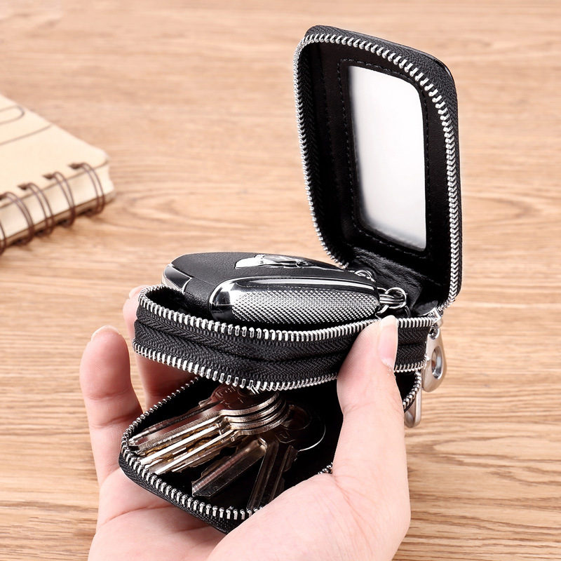 Picture of Car Key Bag Men's Cowhide Double Zipper Women's Large Capacity Waist Padlock Key Bag Can Be Added with Logo