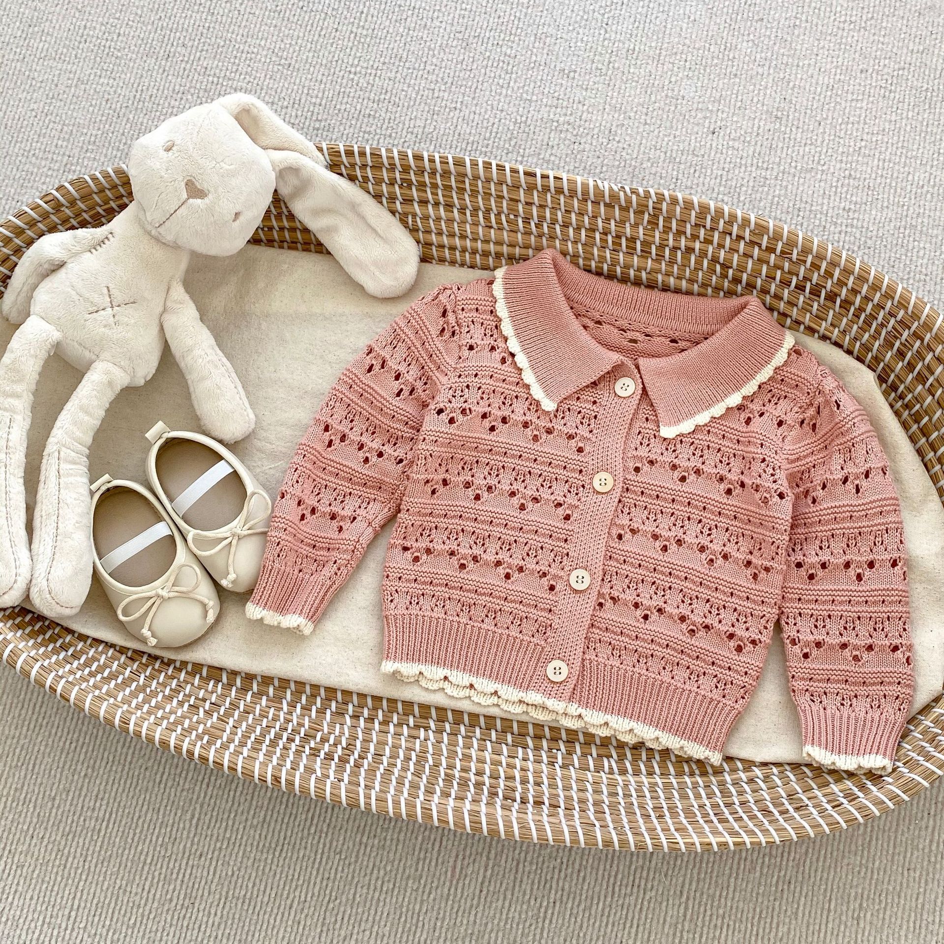 Picture of 2024 Spring Girls Baby Style Long Sleeve Cardigan Infant and Toddler Small Fragrance Lapel Knitted Hollow Sweater Jacket