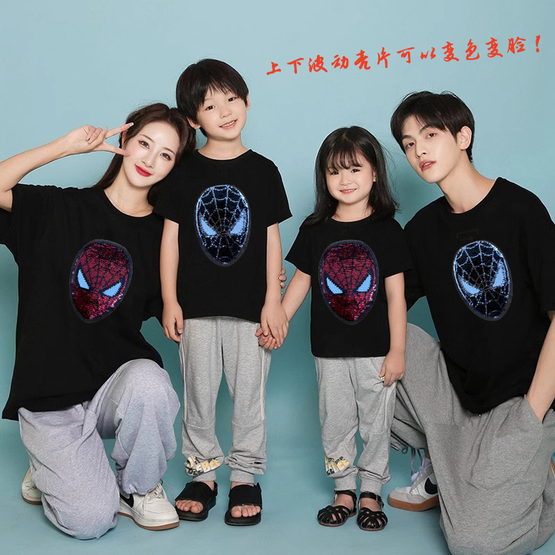 Cotton Spider-Man Short-sleeved T-shirt for parents and children's clothes fried street couple's fashionable brand summer clothes loose color-changing sequins children's top