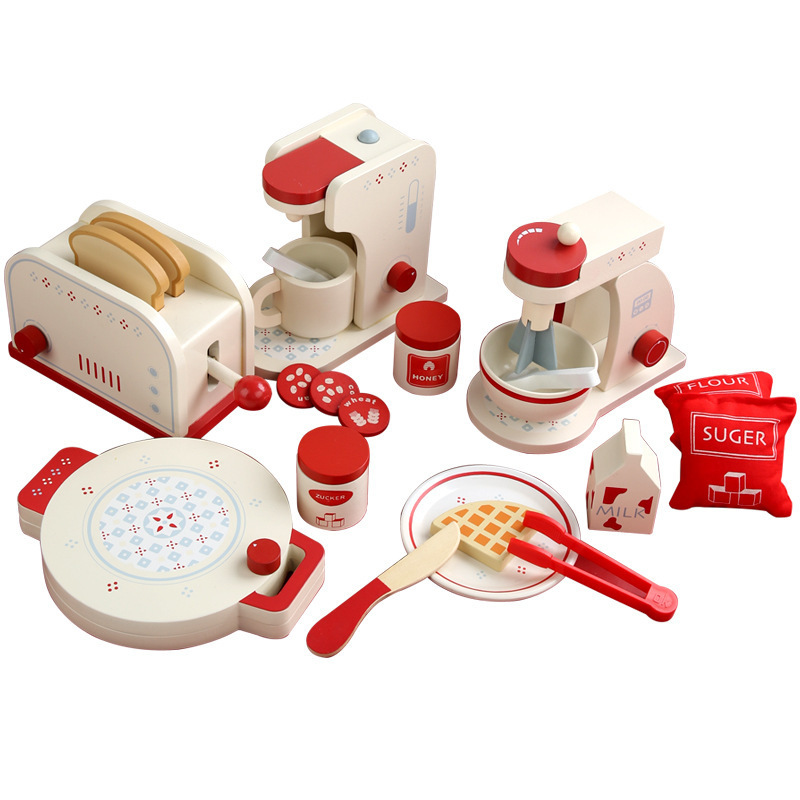 Picture of Wooden Simulation Tea Set Coffee Machine Bread Machine Set Kindergarten Kitchen Role-playing Playhouse Educational Toys