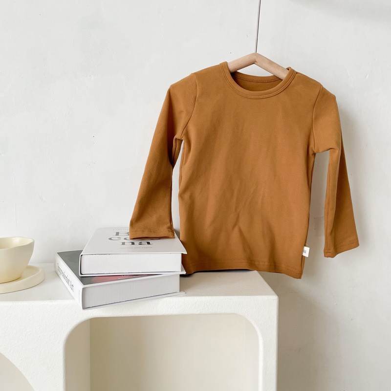 Picture of 2023 Children's Cotton Long-sleeved T-shirt Base Shirt Spring and Autumn Loose Solid Color Round Neck Sanding Top for Boys and Girls