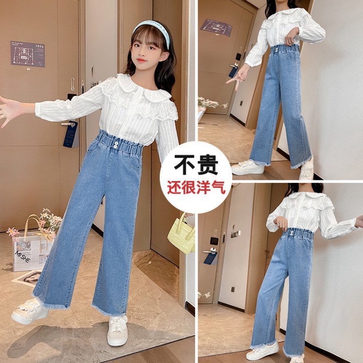 Picture of Girls' jeans wide-leg pants 2023 Spring and Autumn New Western style medium and large Children Korean style autumn pants outer pants