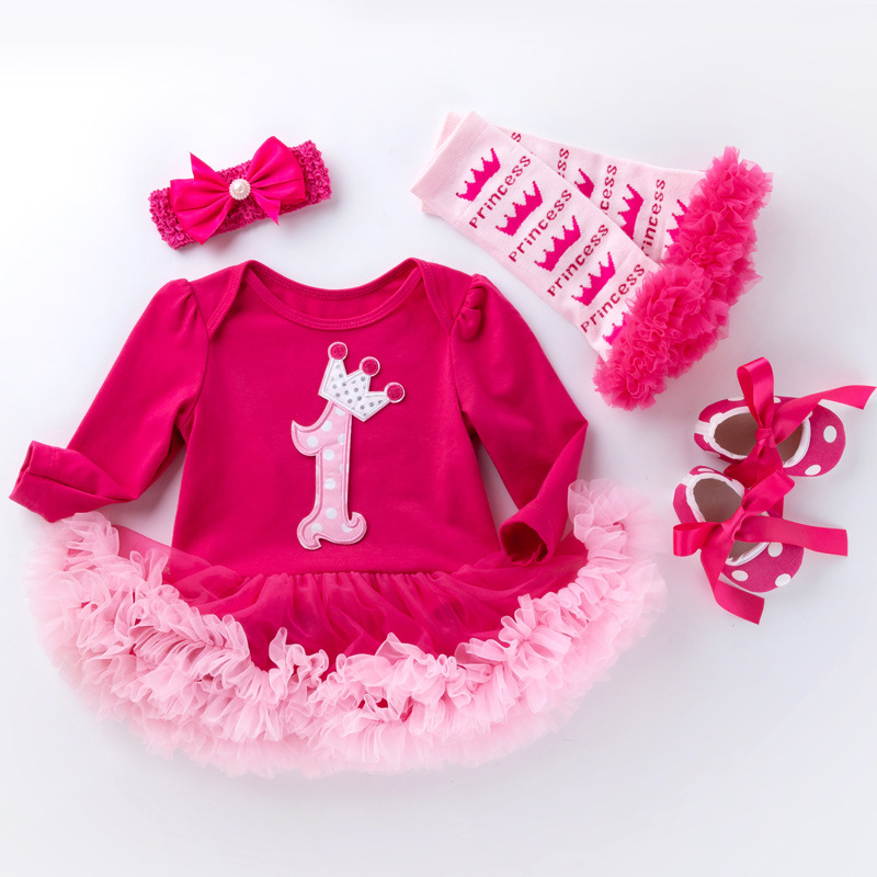 Picture of Cross-border foreign trade baby long-sleeved one-piece dress baby pink yarn dress socks suit girls' holiday children's dress 4-piece set