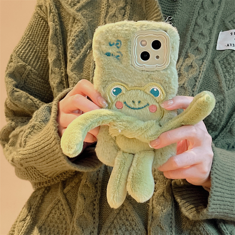 Picture of For Apple 14Promax plush mobile phone case 16 cute frog 15 creative pull 13 anti-fall cartoon doll