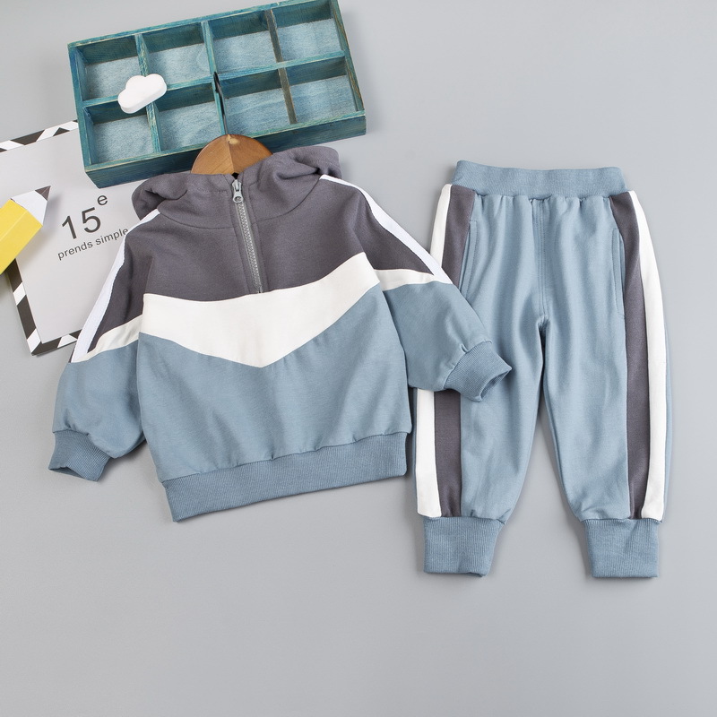 Picture of New Spring and Autumn Children's suit children's hooded long-sleeved sweater stitching zipper pullover ankle-tied trousers two pieces