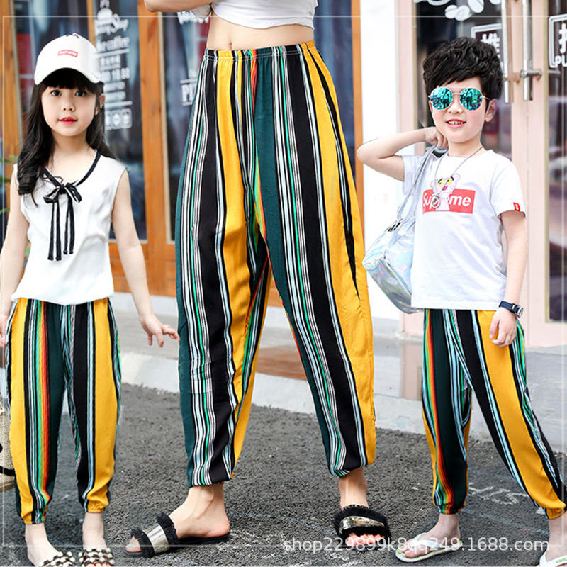 Picture of Parent-Child Bloomers Boys' Beach Pants Girls' Thin Anti-mosquito Pants Comfortable Ice Silk Large Children's Cotton Silk Trousers