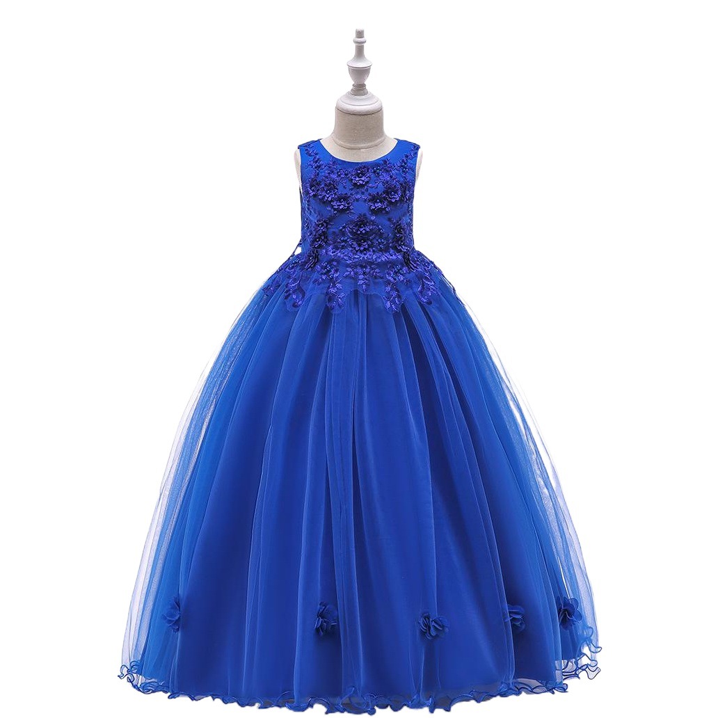 2024 New Children's Long Dress Flower Beaded Grey Princess Dress Girl's Show Wedding Dress
