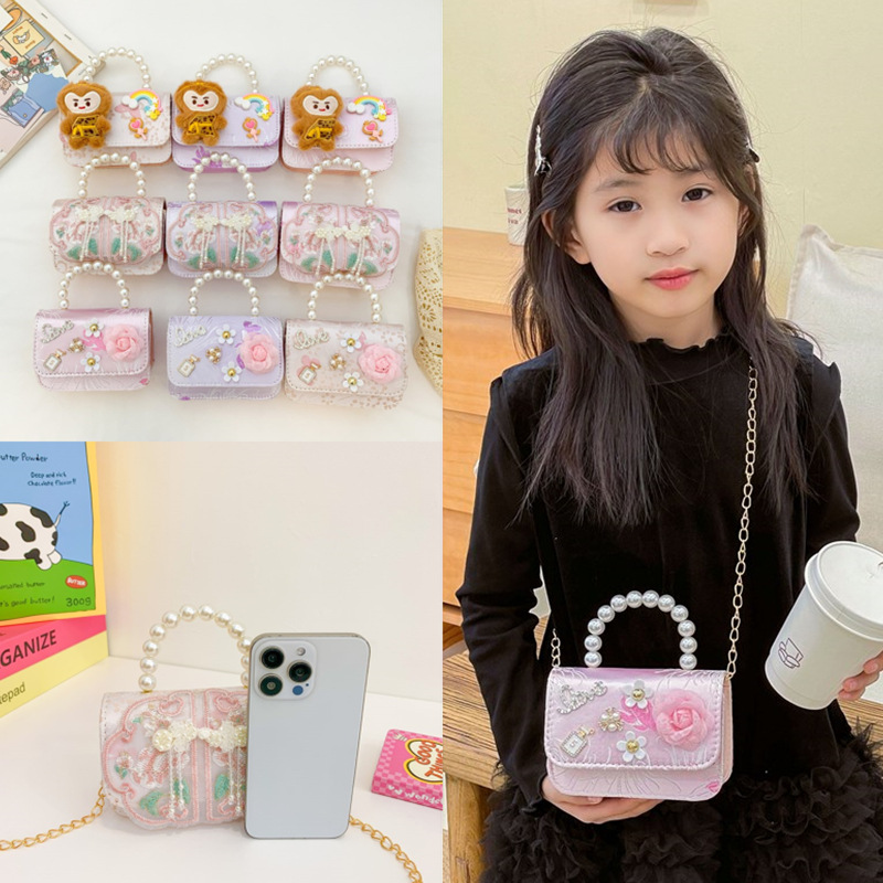 Ethnic Embroidered Children's Pearl Handbag Girl's Small Change Bag Fashion Cute Princess Chain Crossbody Bag