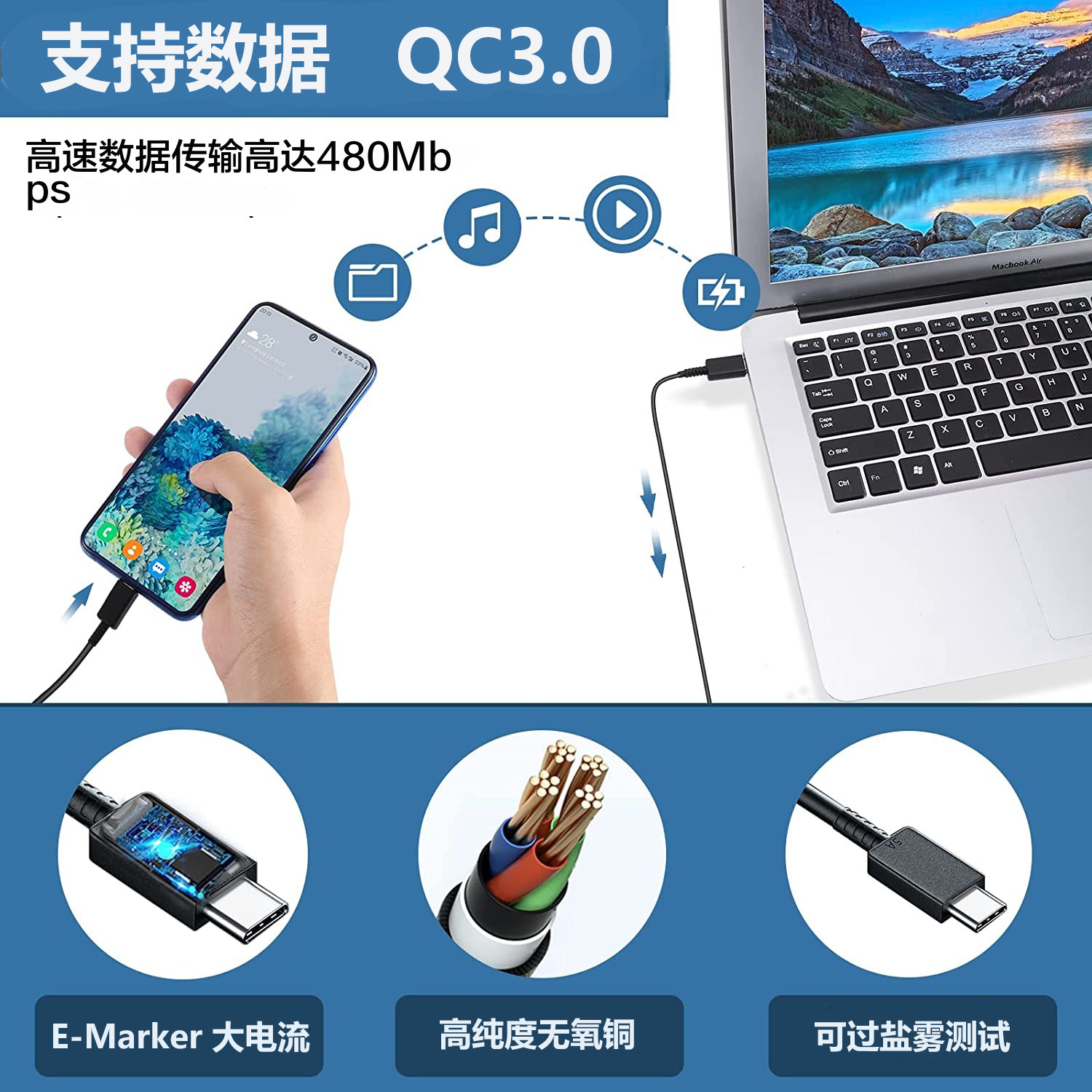 Picture of 5A is suitable for Samsung original 45W double head typec male to male with E-marker chip PD fast charging data line