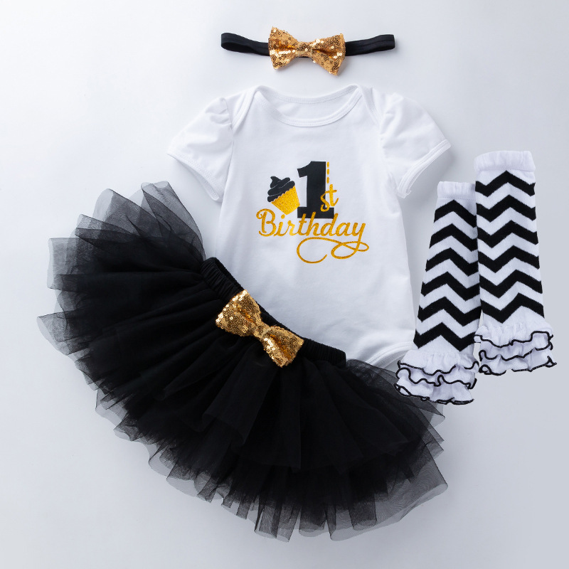 Picture of Cross-border Amazon European and American baby girls' birthday clothes 4-piece letter short-sleeved T-shirt princess dress socks suit