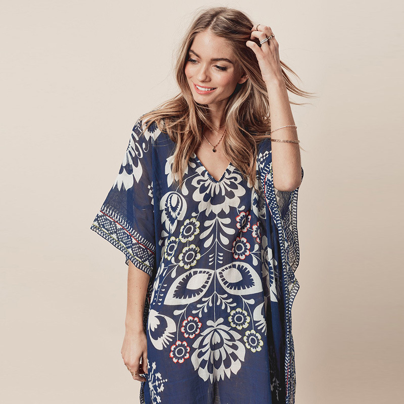 Picture of Amazon new navy blue positioning flower chiffon V-neck loose bikini blouse beach skirt swimsuit coat women's cover