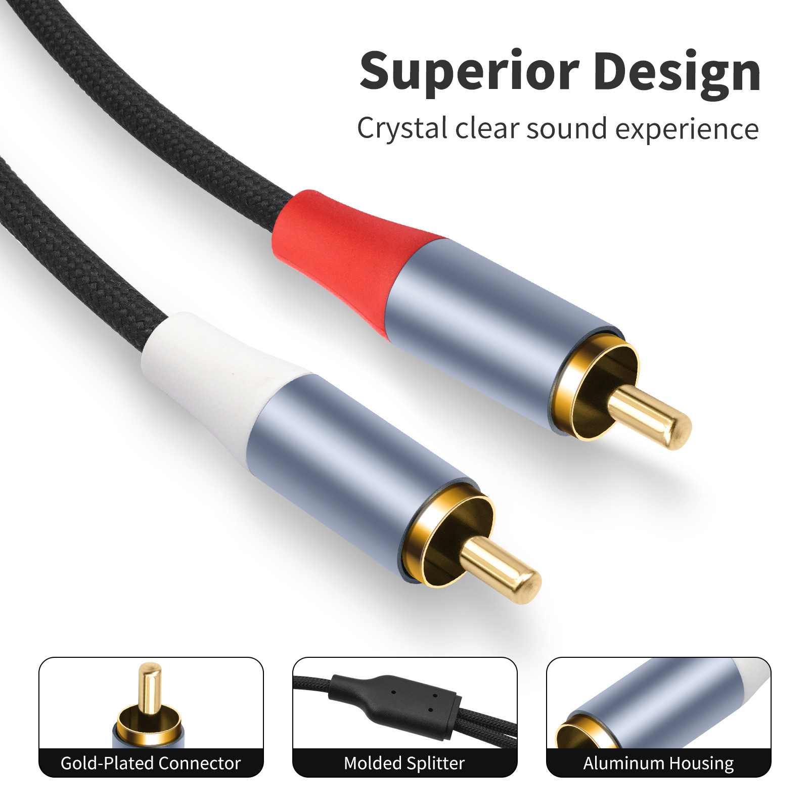 Picture of Cross-border explosive gold-plated head metal shell 2RCA pair 2RCA amplifier Lotus head audio cable 1m 2m