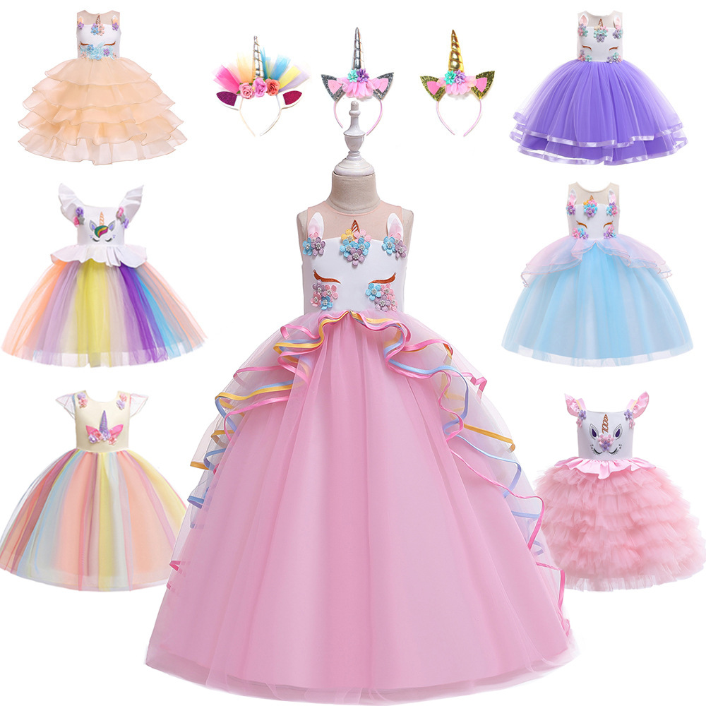 Picture of 20.23 million Christmas Dress Children Unicorn Dress Girl's Gauze Rainbow Princess Dress Cotton 4-12 Years